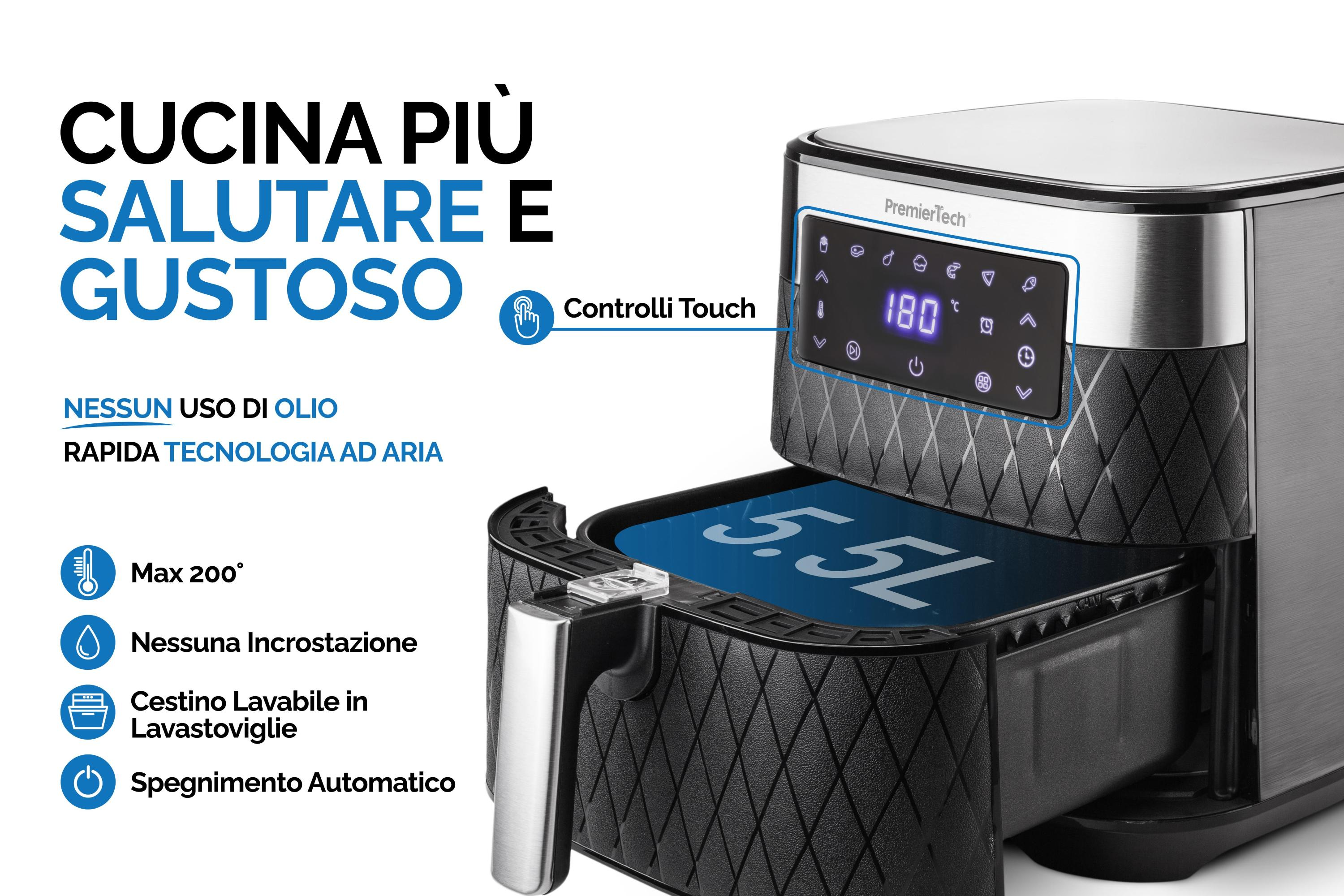 Una friggitrice ad aria con display, cassetto aperto e testo: sano e gustoso.