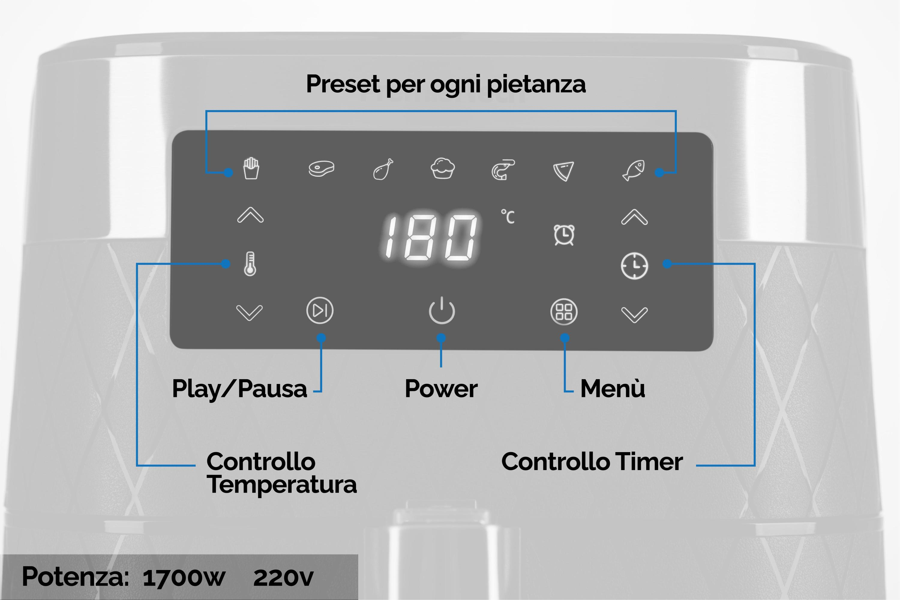 Pannello di controllo di una friggitrice ad aria con display digitale, controlli temperatura e timer.