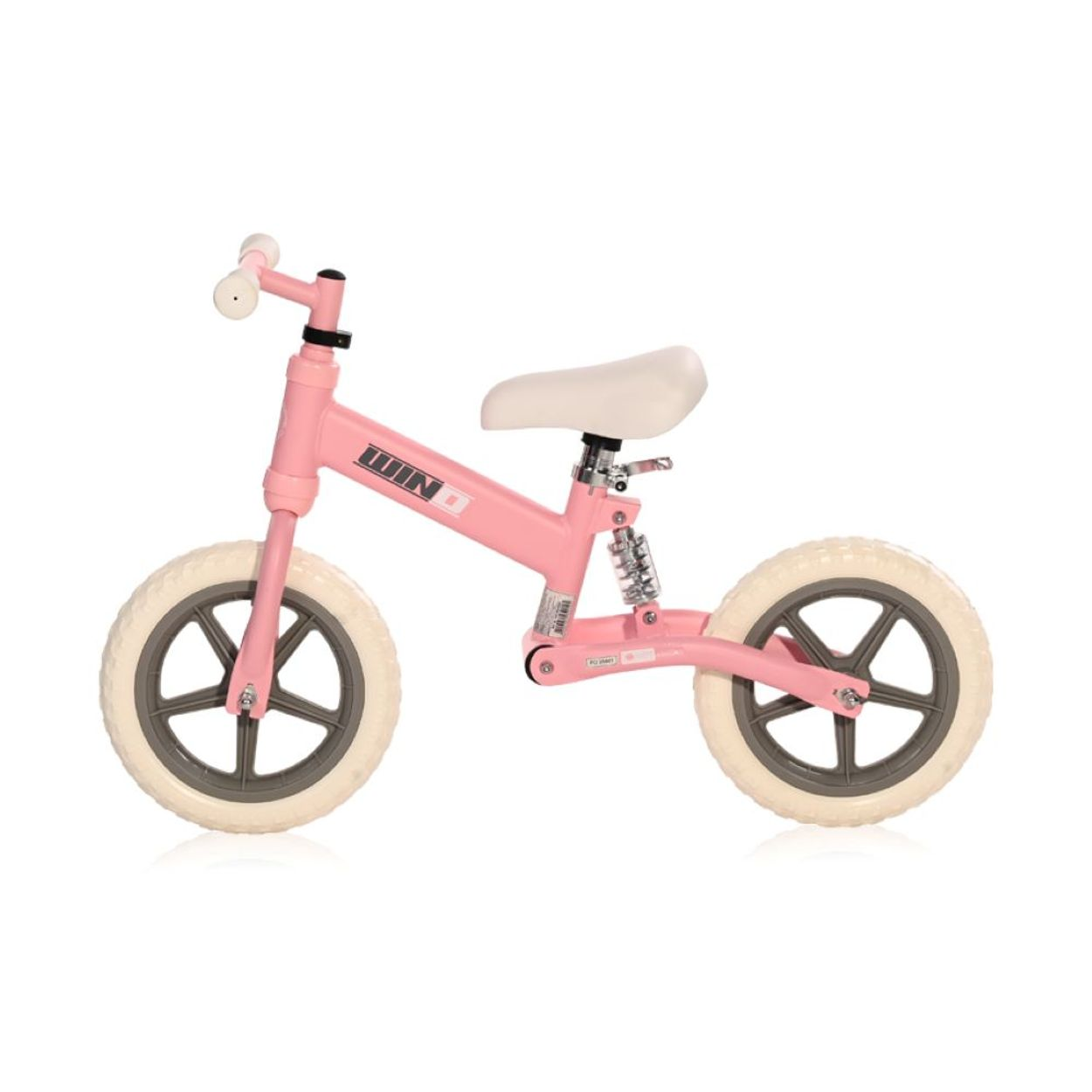 Bicicleta de equilibrio rosa con neumáticos y asiento blancos, aislada sobre fondo blanco.