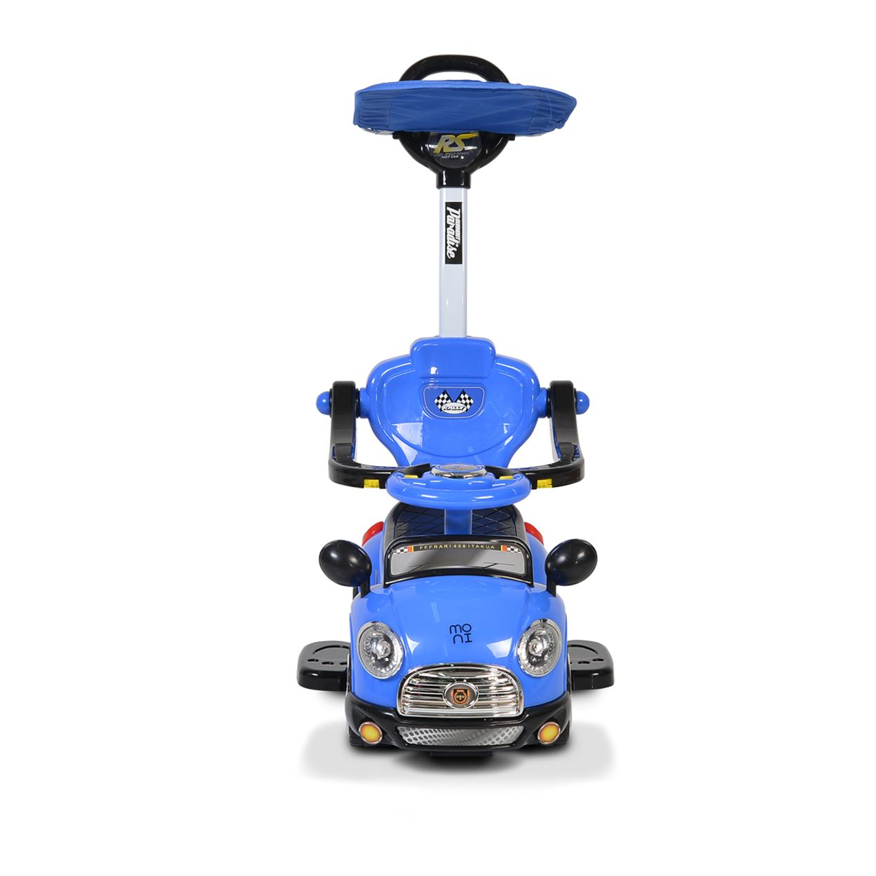 Blaues Spielzeugauto für Kinder mit Schiebegriff. Weißer Hintergrund.