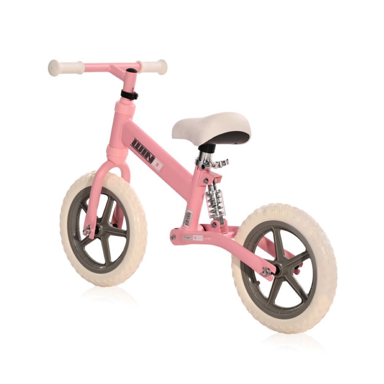 Bicicleta de equilibrio rosa con neumáticos y asiento blancos. Tiene manillar y suspensión.
