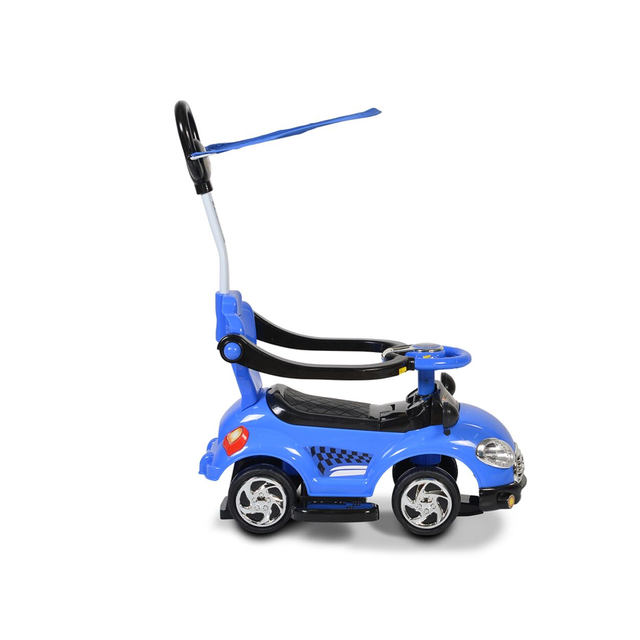 Blaues Spielzeugauto mit Schiebegriff und Verdeck. Weißer Hintergrund.