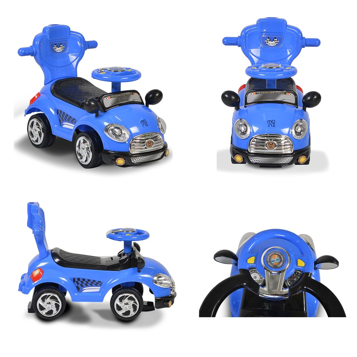 Blaues Spielzeugauto mit vier Ansichten. Enthält Vorder-, Rück-, Seiten- und eine Ansicht des Lenkrads.