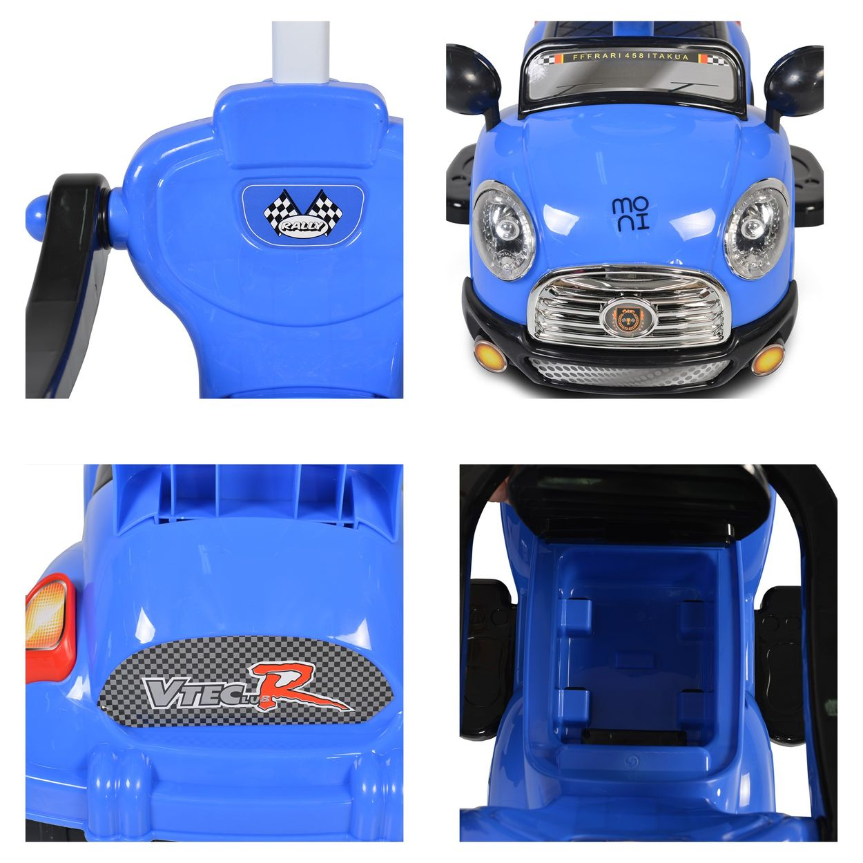 Nahaufnahmen eines blauen Spielzeugautos, das Details von vorne, hinten und innen zeigt.