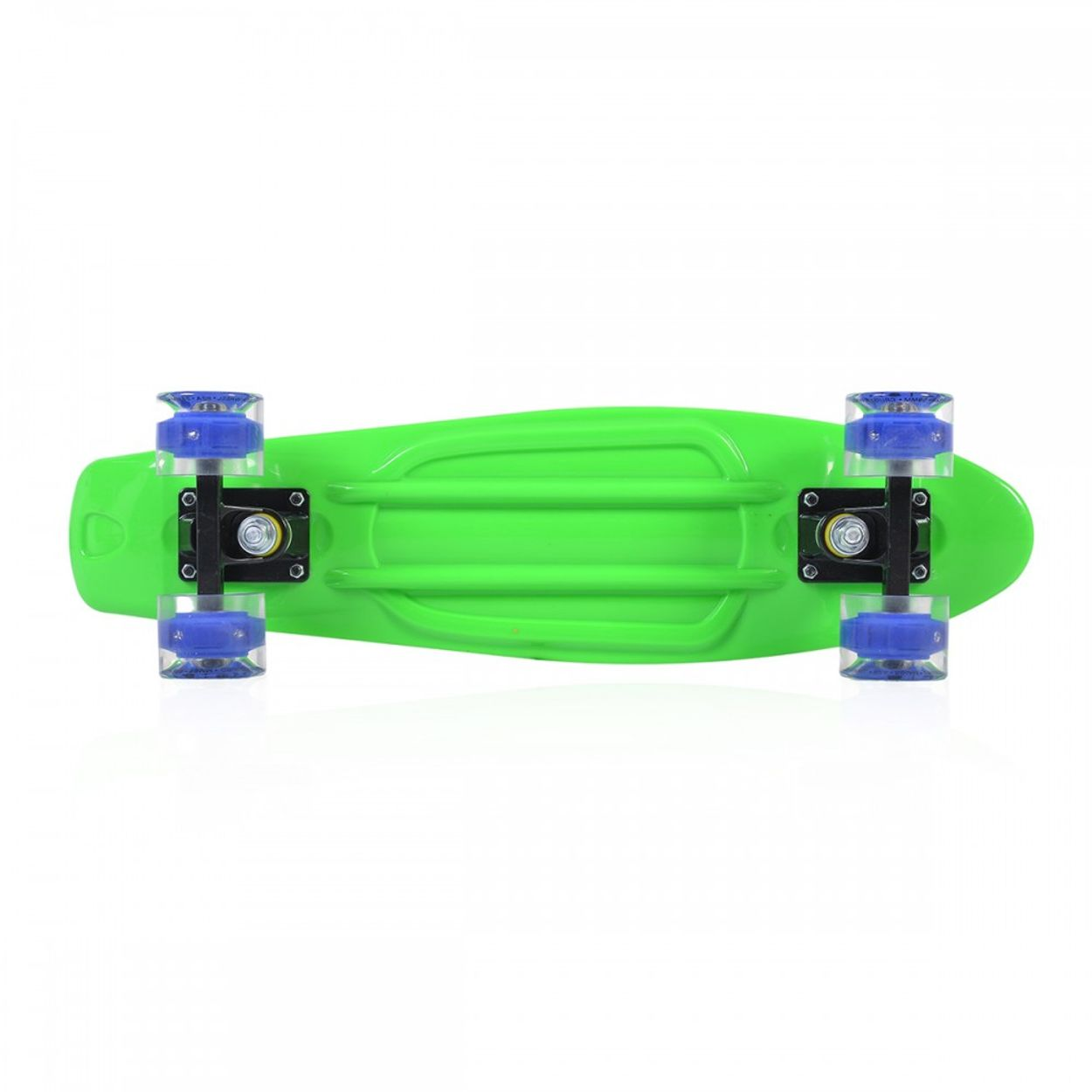 Ein grünes Skateboard von unten.