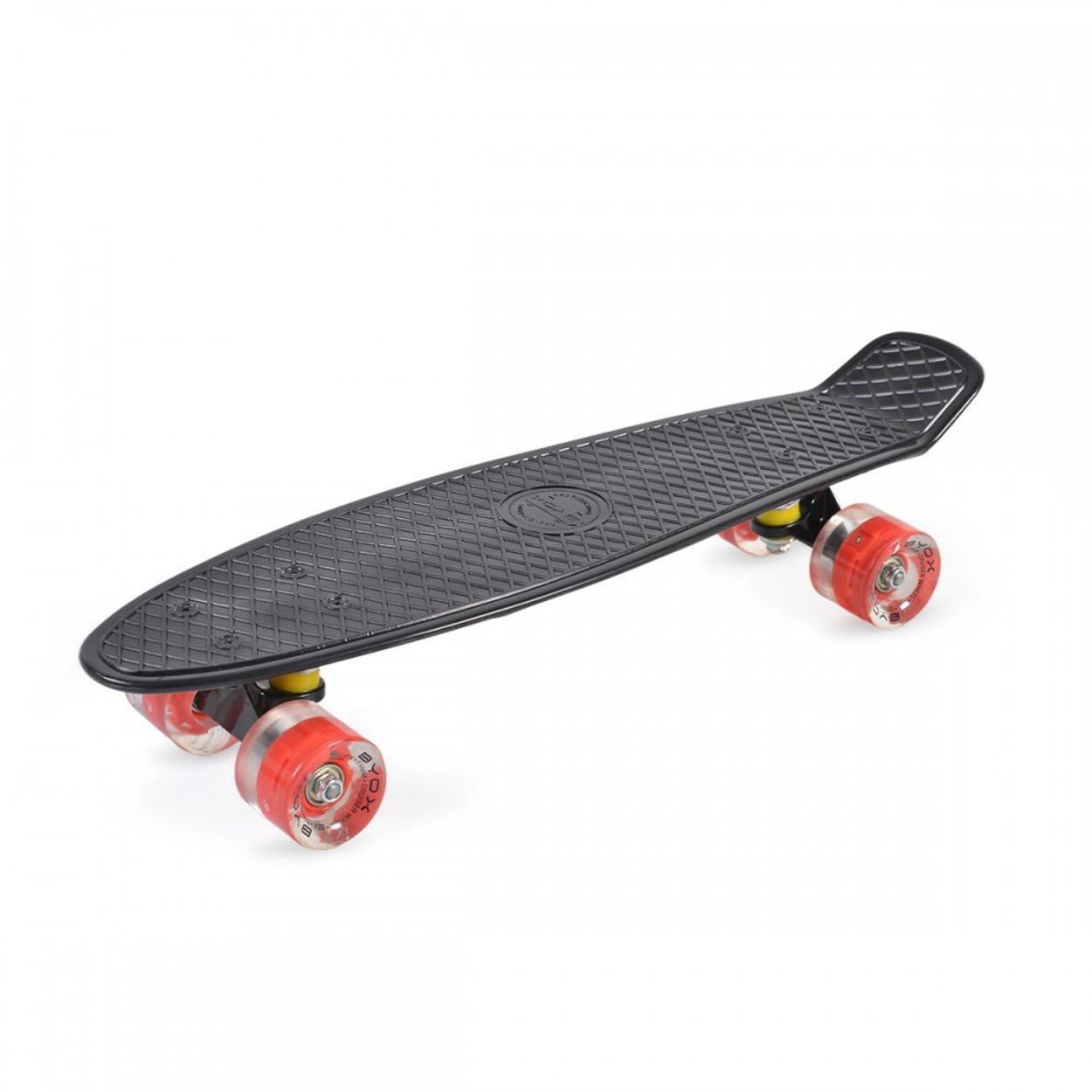 Ein schwarzes Penny-Skateboard. Die Räder sind rot und durchscheinend. Das Board befindet sich auf weißem Hintergrund.