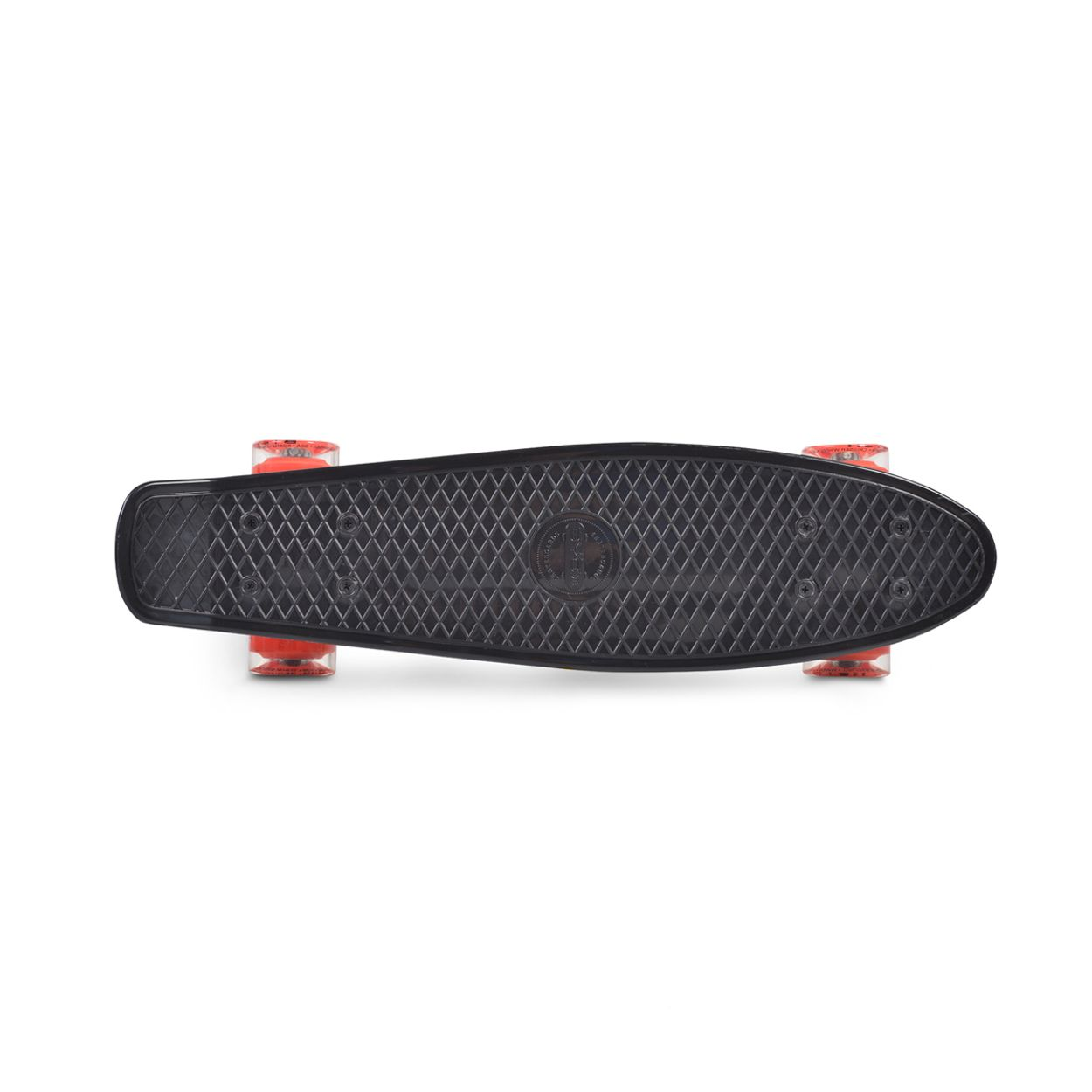 Ein schwarzes Skateboard, von oben betrachtet. Die Räder sind rot, und die Oberfläche hat ein Muster.