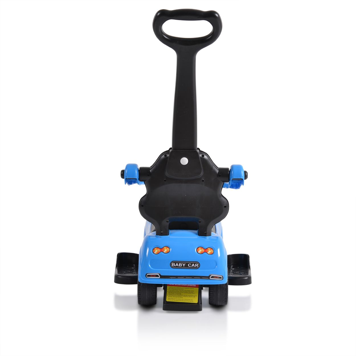 Blaues und schwarzes Babyauto, schwarzer Griff, auf weißem Hintergrund.