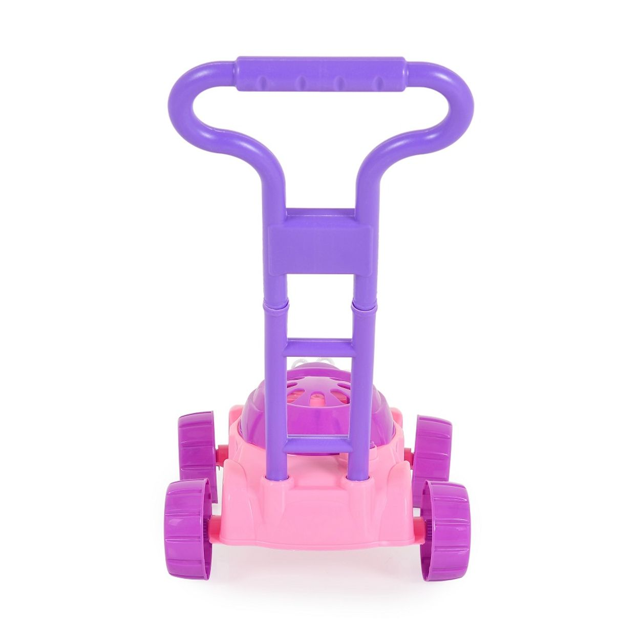 Ein rosa und lila Spielzeug-Rasenmäher mit Griff.