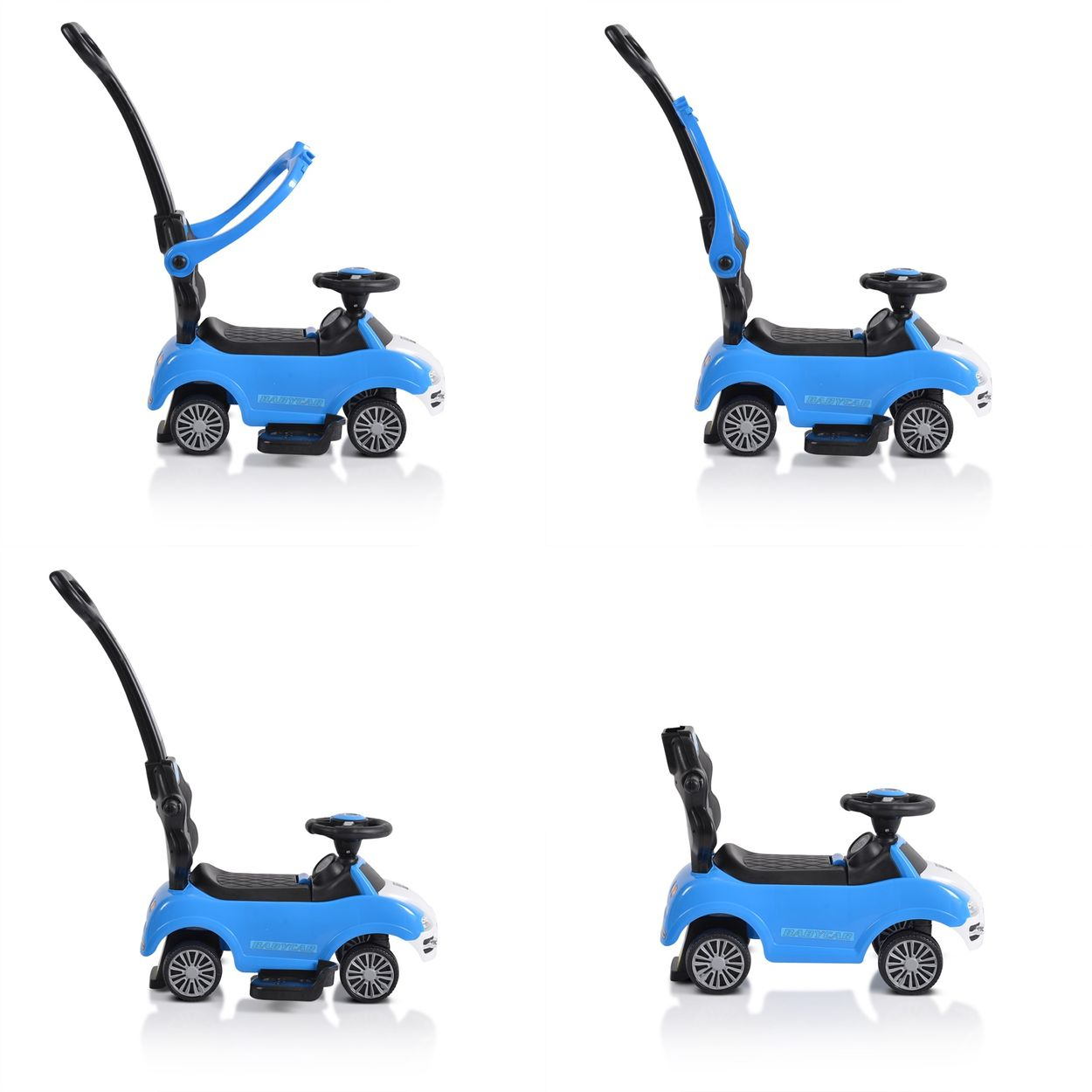 Vier Bilder eines blauen Spielzeugautos mit Griff. Verschiedene Blickwinkel desselben Spielzeugs.