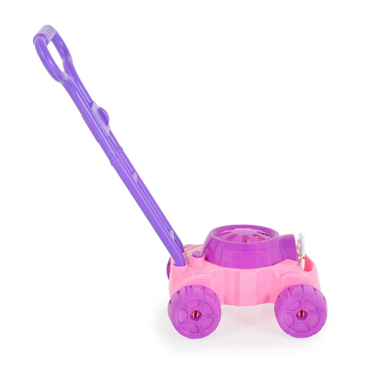 Ein rosa-lila Spielzeugrasenmäher mit Griff. Das Spielzeug hat Räder und eine runde Oberseite.