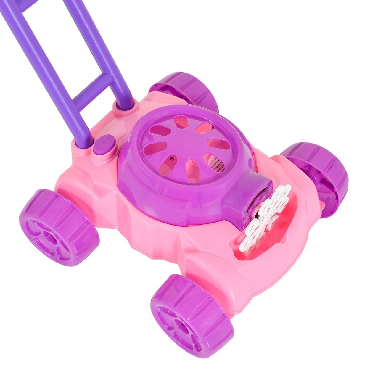 Ein pinkes und lilafarbenes Spielzeug-Rasenmäher mit lila Rädern und Griff, für Kinder konzipiert.