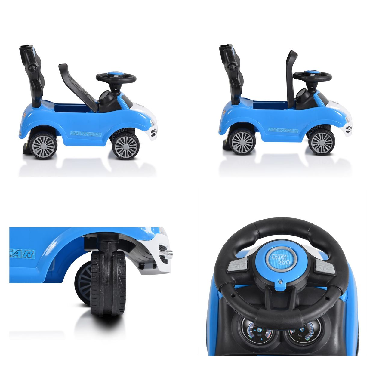 Ein weißes Spielzeugauto mit schwarzen Details.