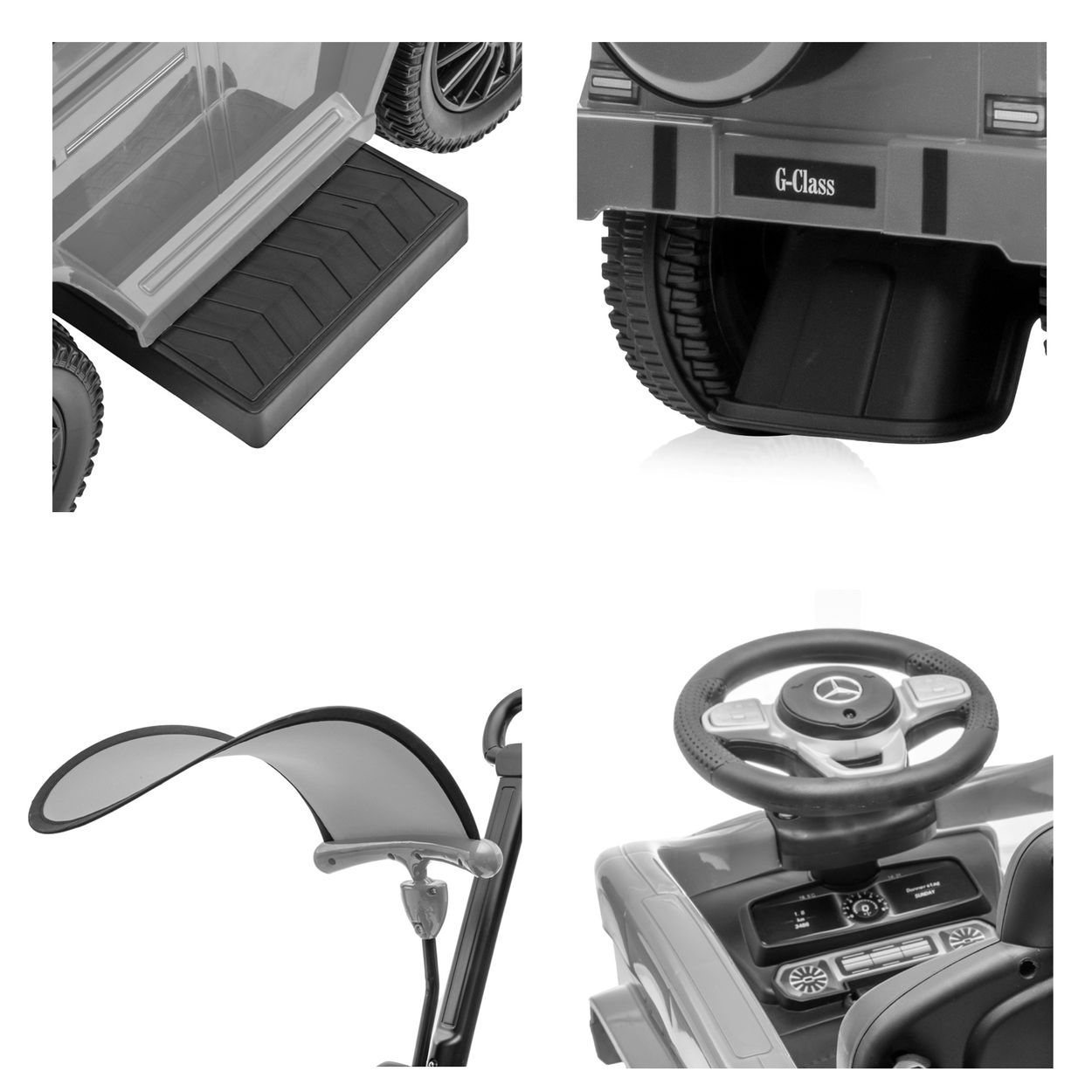 Cuatro imágenes de un coche de juguete. Es gris y negro. Los detalles incluyen los escalones, las ruedas y el volante.