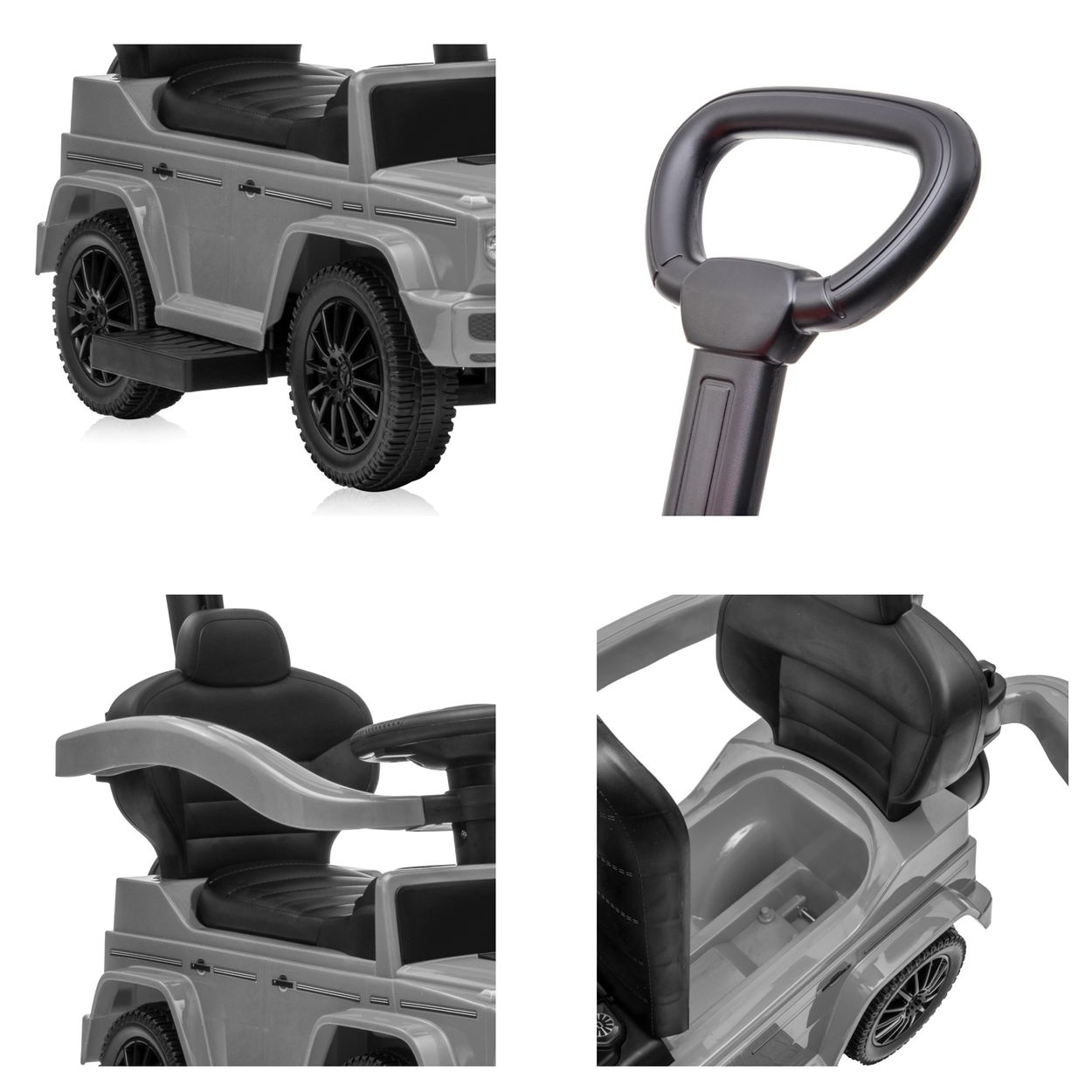 Piezas de coche de juguete: carrocería, asiento, manija y ruedas. Partes grises y negras visibles.