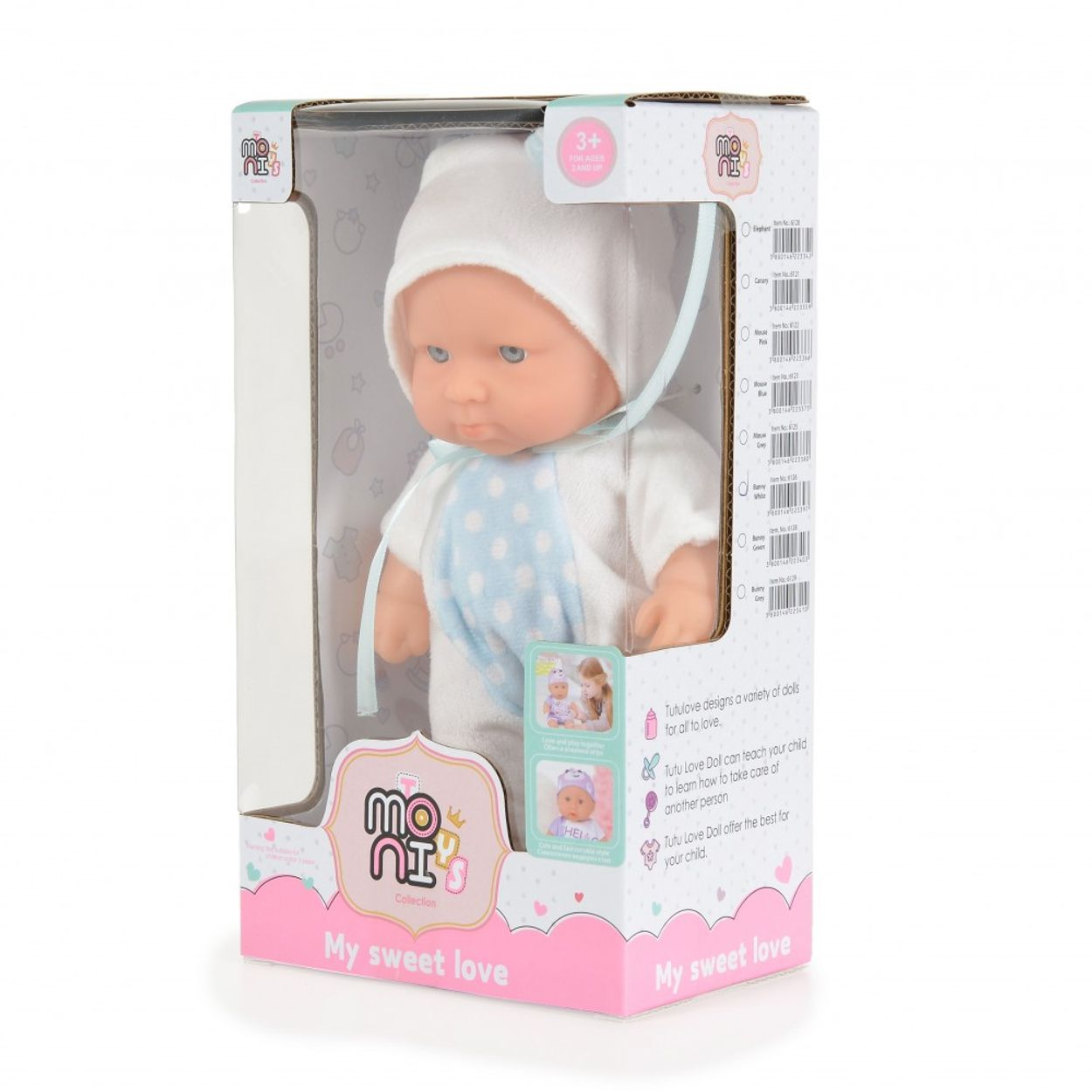 Eine Puppe in einer Box. Auf der Box steht 'My sweet love' und die Puppe trägt einen Hut und blauen Anzug.