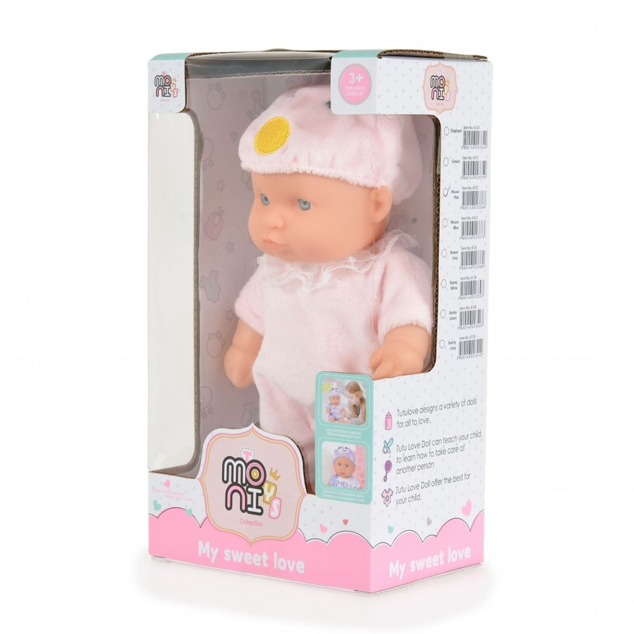 Eine Babypuppe in rosa Outfit in einer Box mit den Worten "My sweet love".
