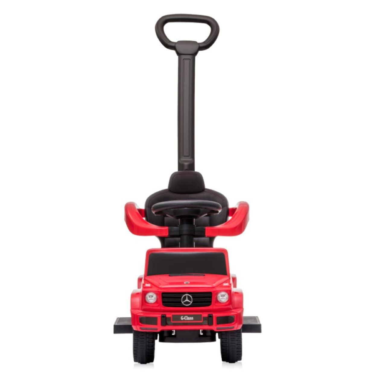 Rotes Spielzeugauto in Form einer G-Klasse, mit schwarzem Griff und Sitz.