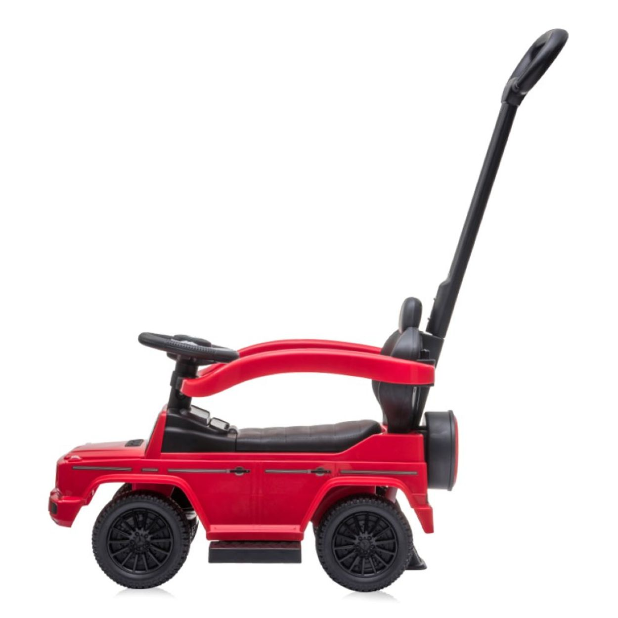 Rotes Spielzeugauto mit schwarzem Griff. Das Auto hat schwarze Räder und rote Sitze.