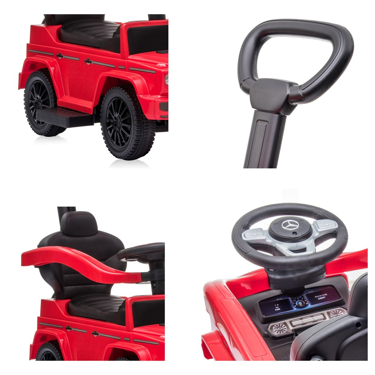 Vier Ansichten eines roten Spielzeugautos: vorne, hinten und Details von Lenkung und Schiebegriff.