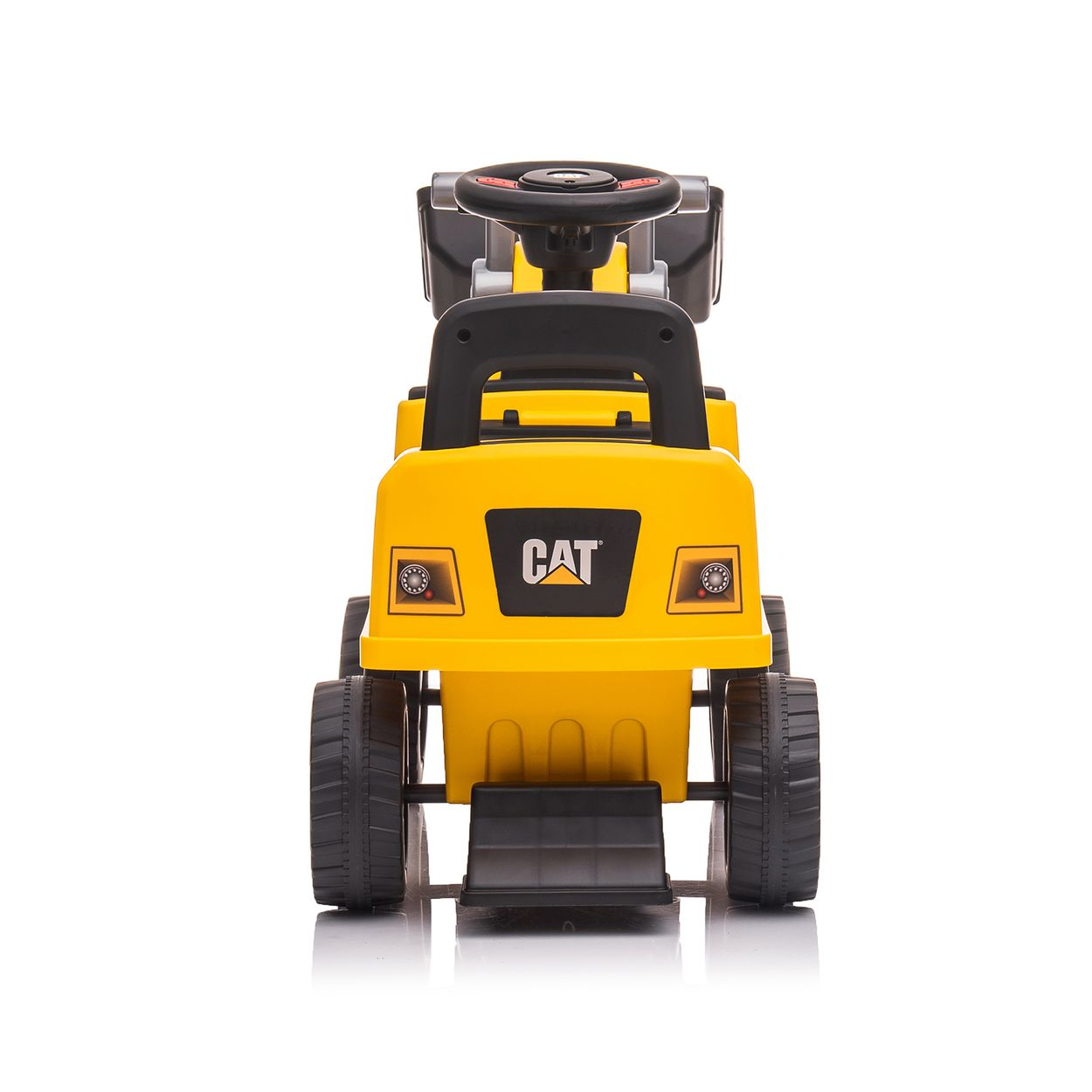 Giocattolo CAT giallo cavalcabile. È un bulldozer giocattolo con pneumatici neri e una pala anteriore.