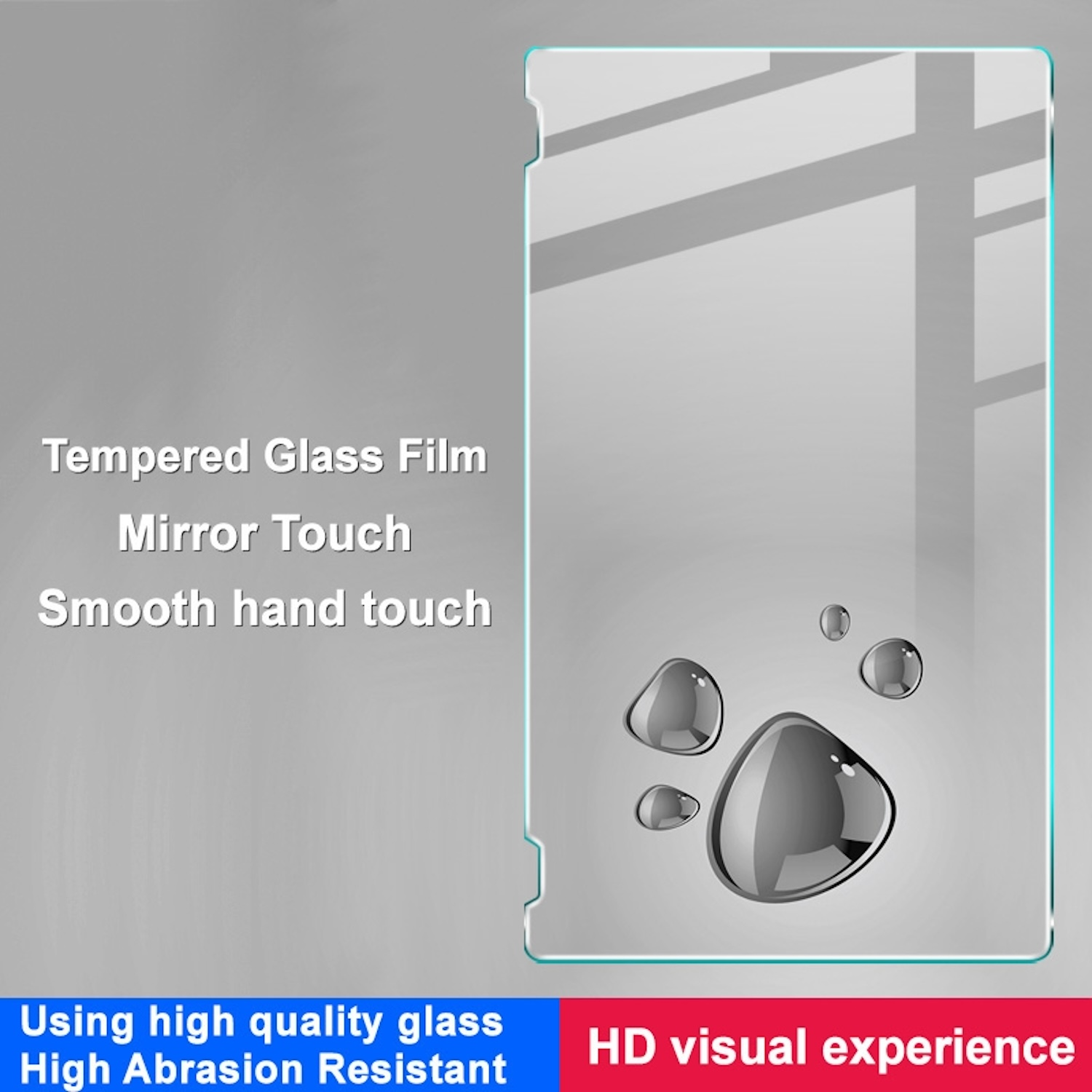 Ein transparenter Displayschutz mit Text auf grauem Hintergrund mit Wassertropfen.
