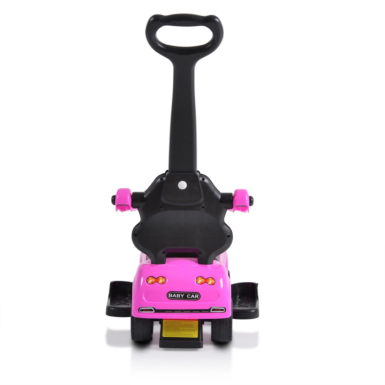 Ein rosa Baby-Autospielzeug mit schwarzem Griff. Es hat Lichter und einen schwarzen Sitz.