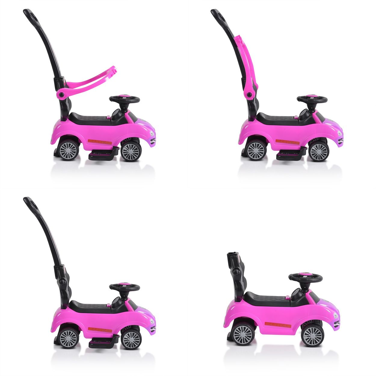 Vier Bilder, die ein rosa Spielzeugauto mit Griff in verschiedenen Positionen zeigen.