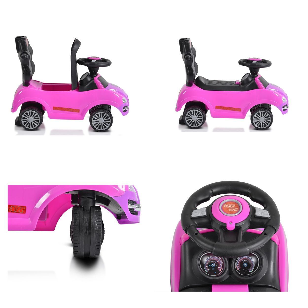 Mehrere Ansichten eines rosafarbenen Spielzeugautos mit Griff zum Schieben. Das Auto hat ein Lenkrad.