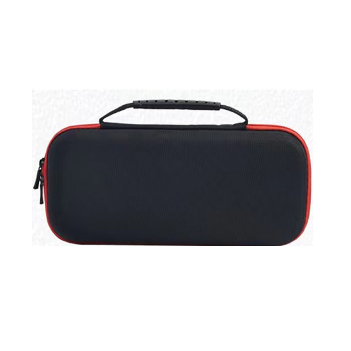 Czarny futerał z czerwonym zamkiem błyskawicznym i czarnym uchwytem. Do urządzenia do gier.