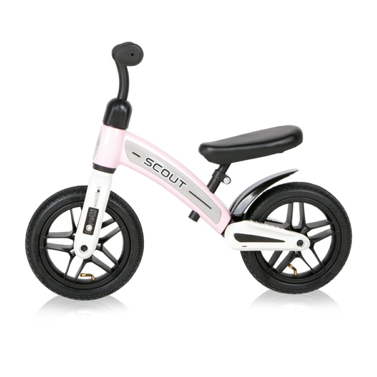Ein rosa Laufrad für ein Kleinkind, mit schwarzem Sitz, schwarzen Rädern und weißen Akzenten. Das Fahrrad hat ein Logo.
