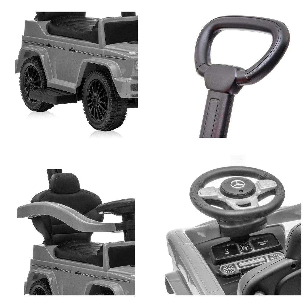 Vier Bilder eines grauen Spielzeugautos, Details von Rädern, Innenraum und Lenkung.