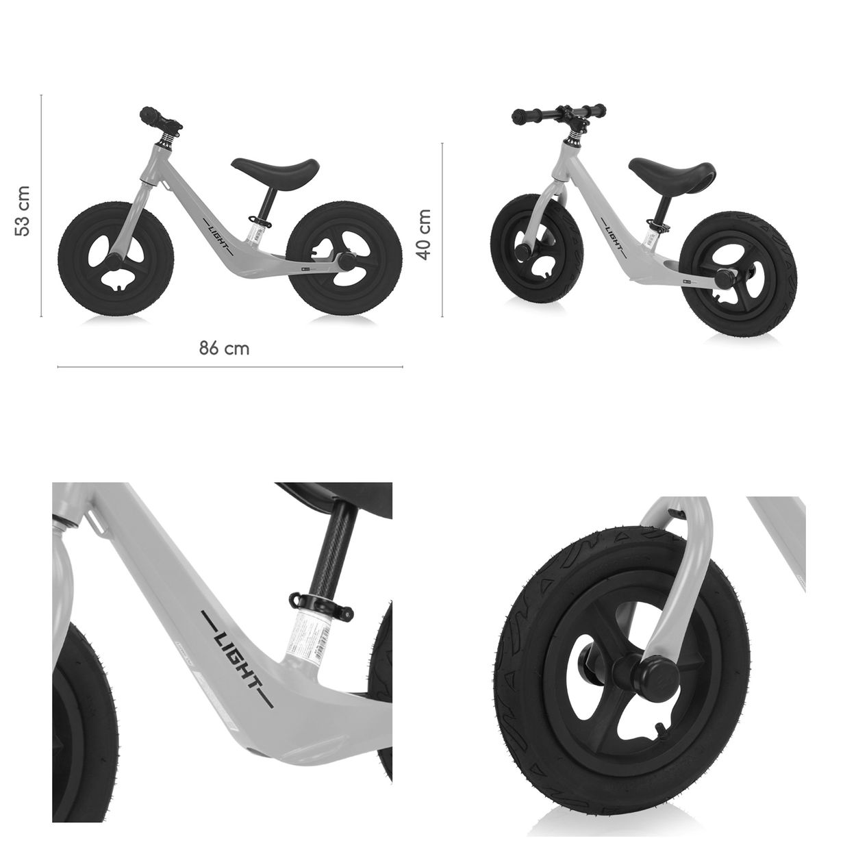 Zwei graue Laufräder, mit angezeigten Maßen. Nahaufnahmen von Fahrradteilen.