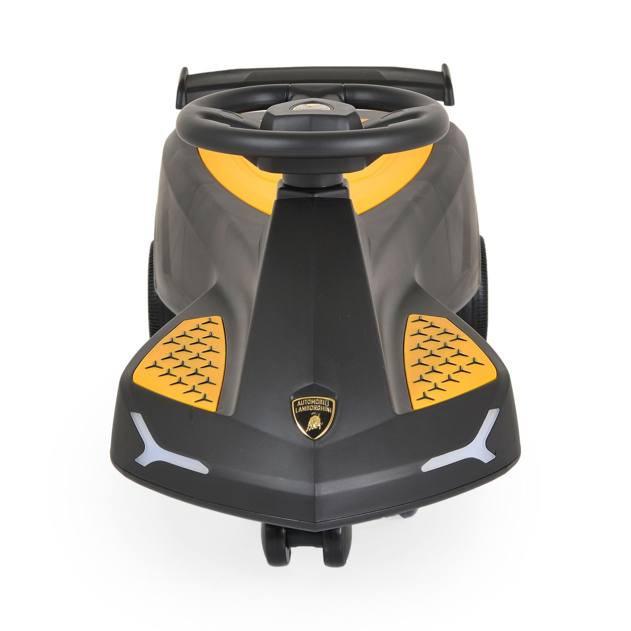 Schwarz-gelbes Spielzeugauto mit Lamborghini-Logo. Es hat einen Spoiler und Rennsport-Design.