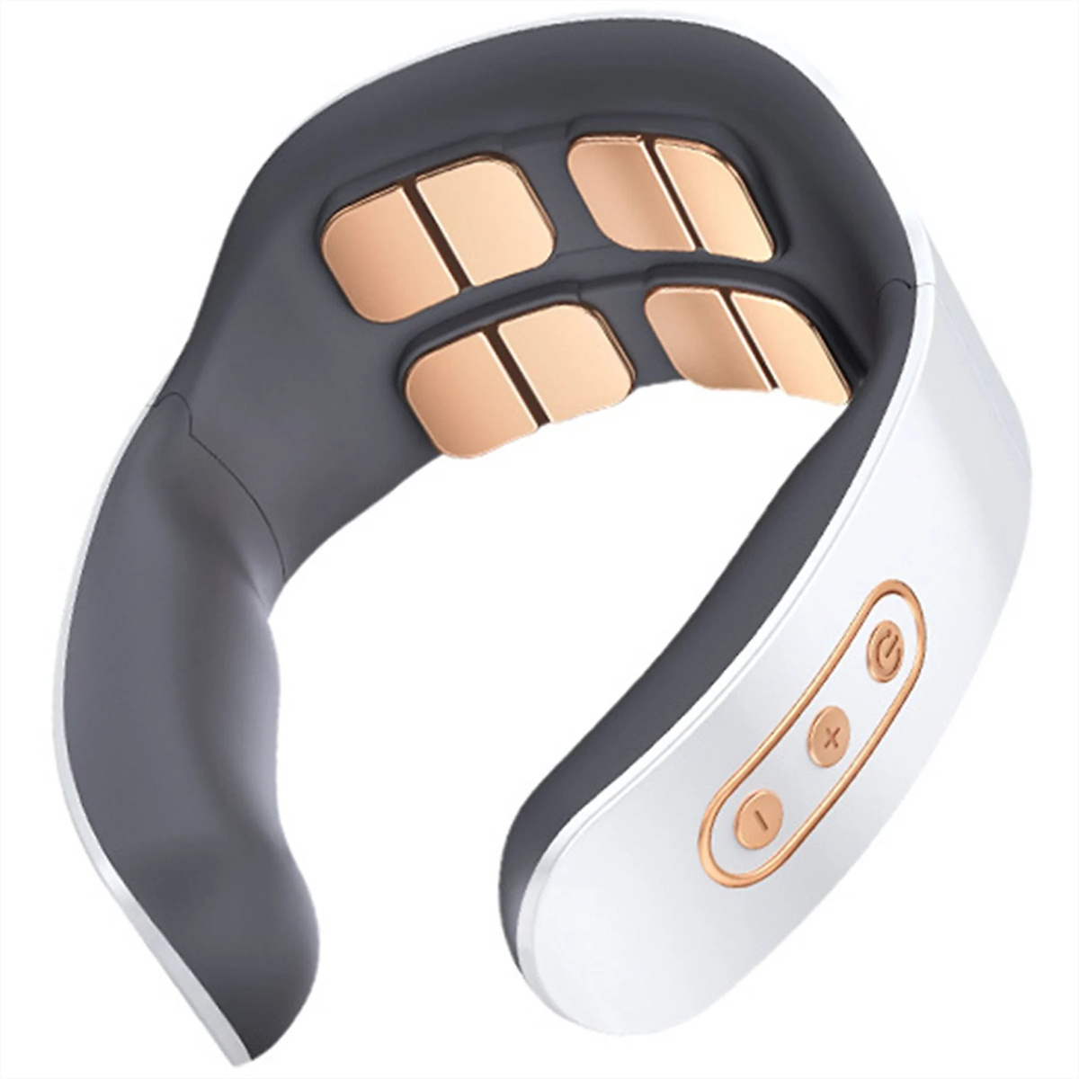 Nackenmassagegerät, weiß und grau mit kupferfarbenen Pads und Bedientasten.
