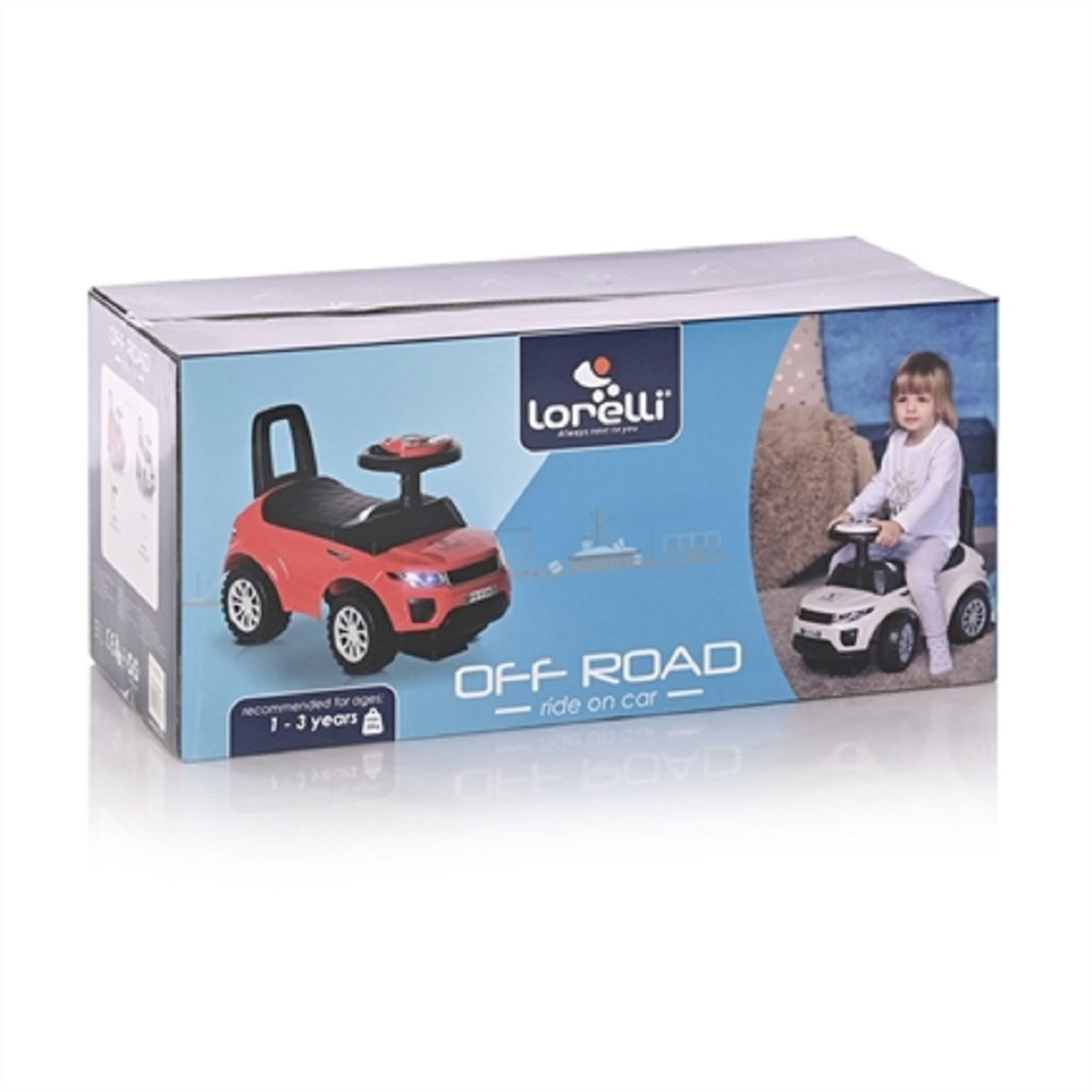 Una caja de coche de juguete con la etiqueta 'OFF ROAD', que muestra un coche rojo y una niña en un coche blanco.