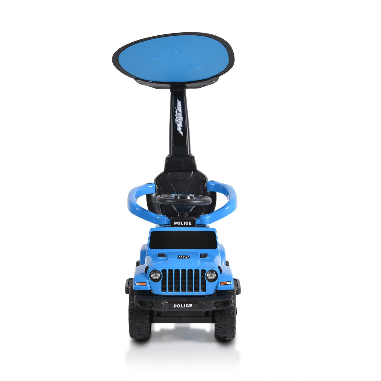 Blaues Spielzeugauto mit schwarzen Rädern und einem blauen Verdeck. Auf dem Auto steht 'POLIZEI'.
