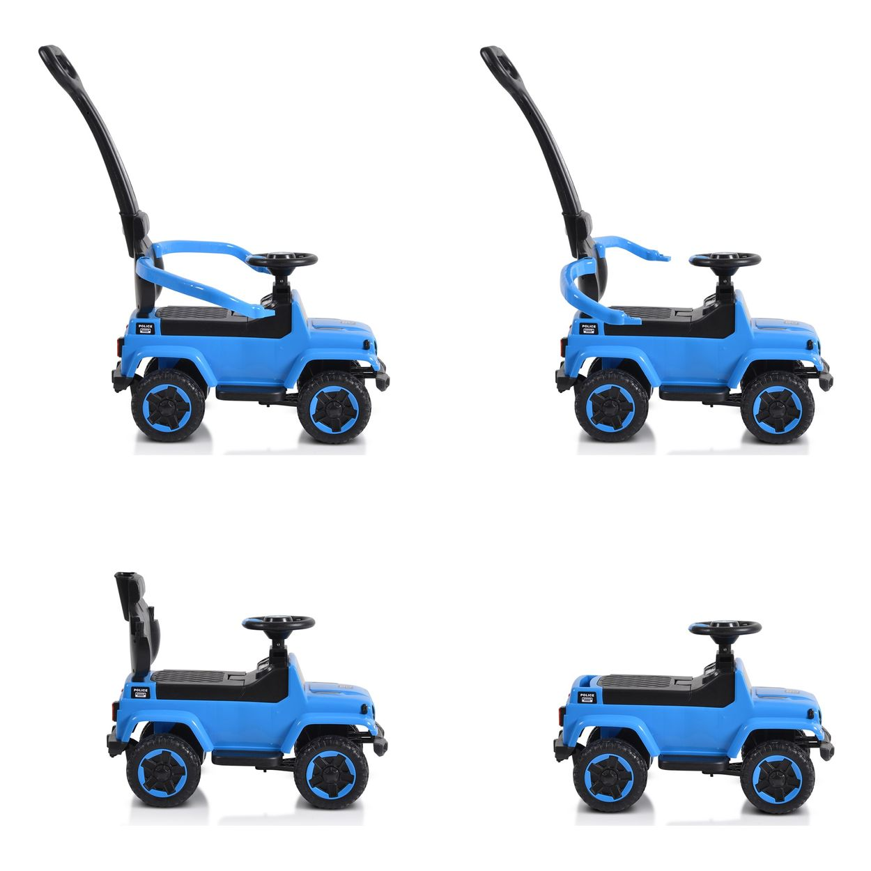 Blaues Spielzeugauto mit schwarzen Rädern und Griff. Vier Ansichten. Weißer Hintergrund.