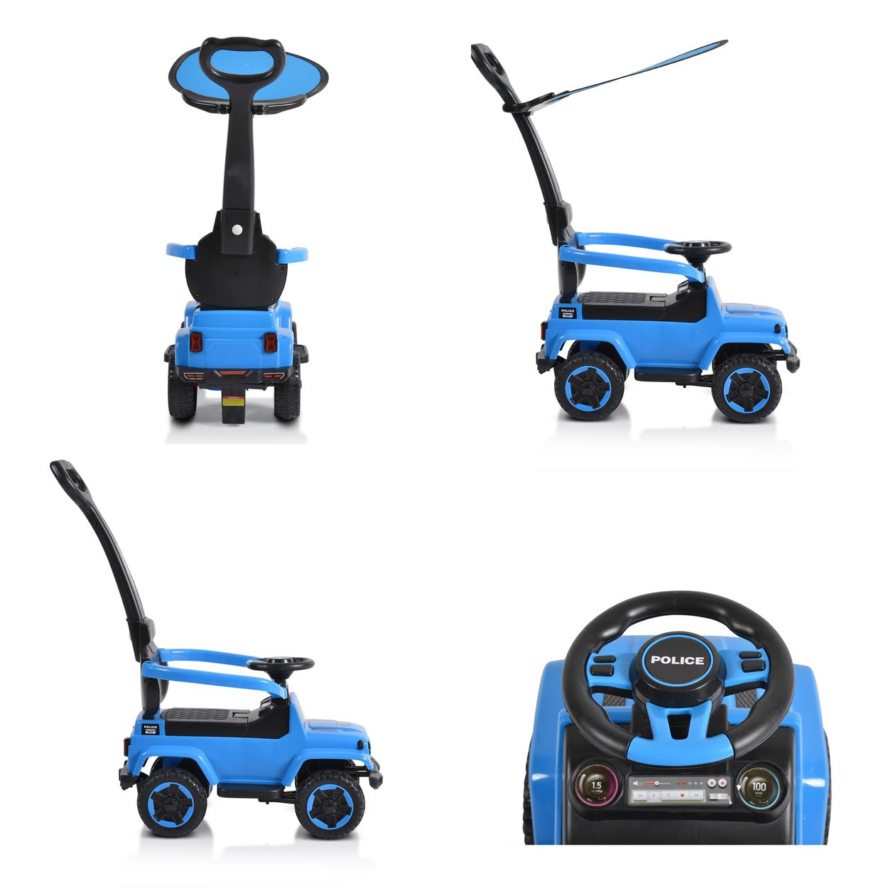 Vier Bilder eines blauen Spielzeugautos mit Griff. Das Auto hat ein Lenkrad und schwarze Räder.