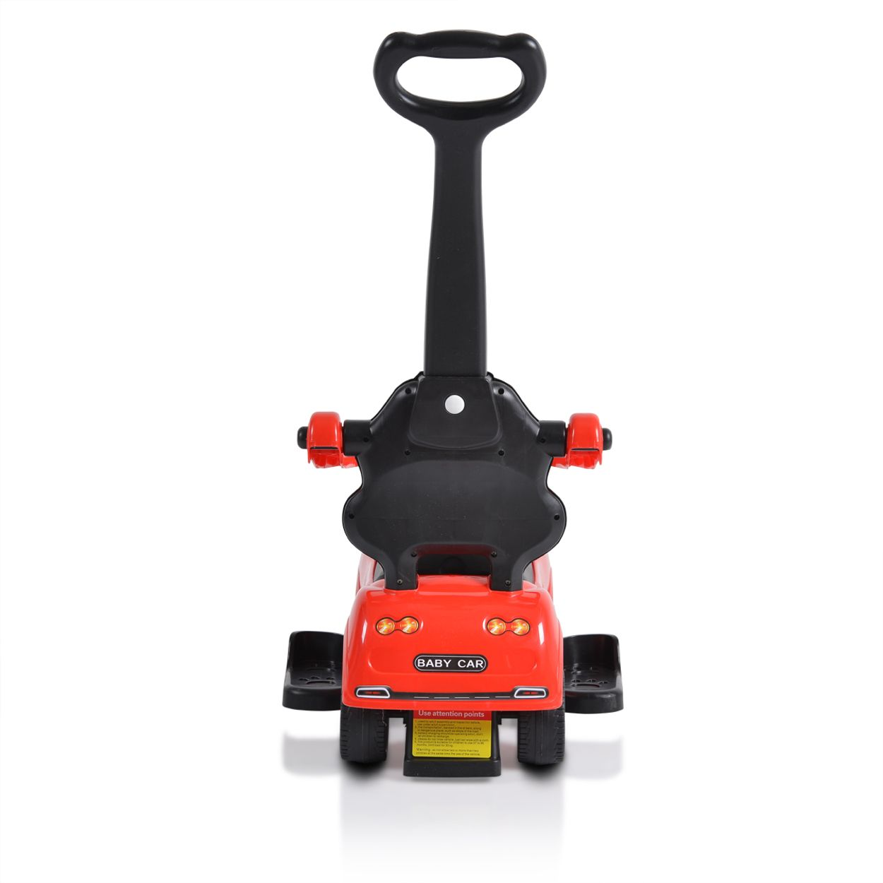Rotes Spielzeugauto zum Aufsitzen mit schwarzem Griff. Es hat Fußstützen und Scheinwerfer.