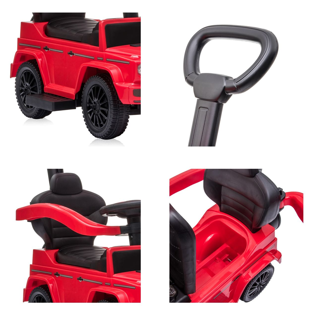 Coche de juguete rojo con ruedas negras y varios detalles, incluido un asa de empuje.