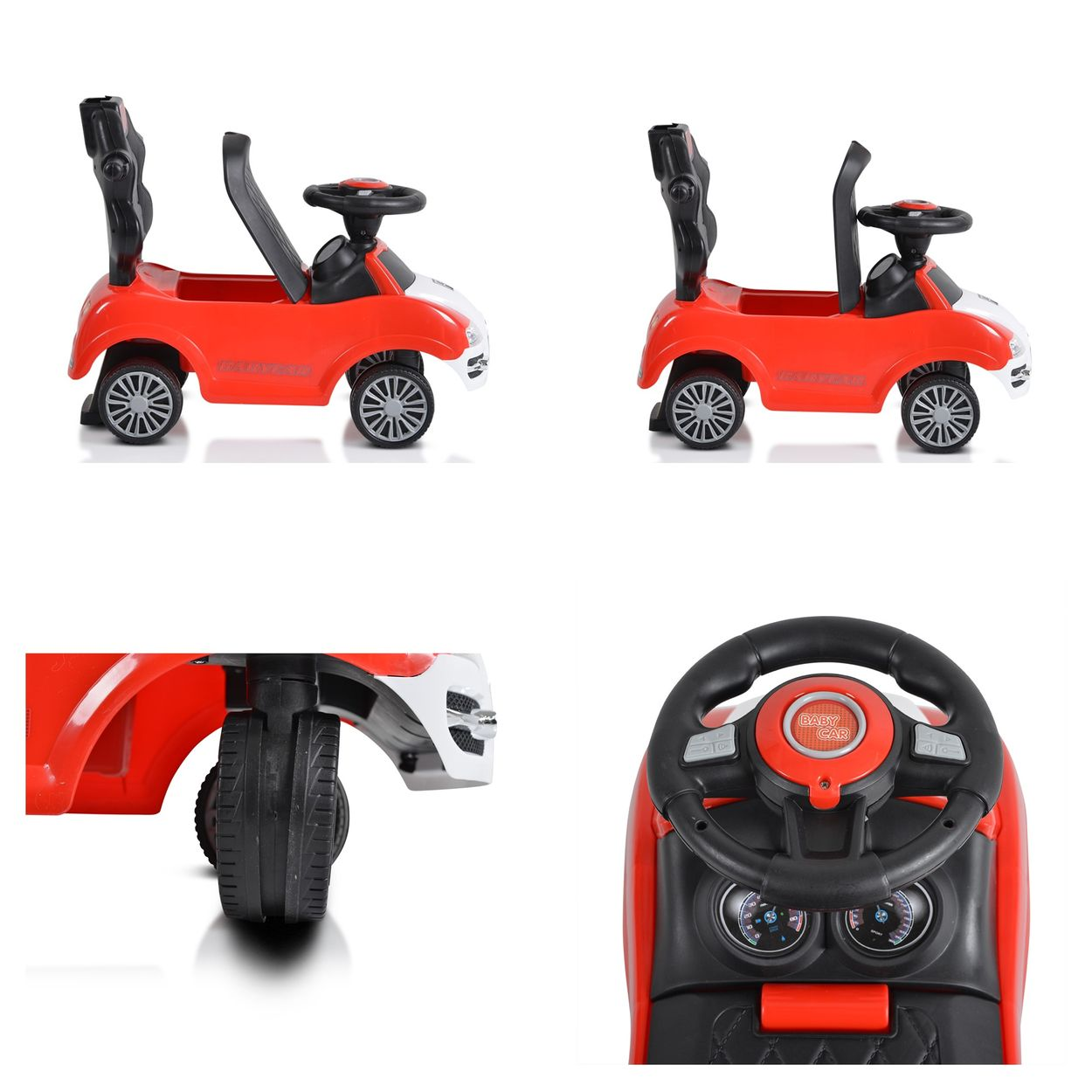 Vier Bilder eines rot-weißen Spielzeugautos. Das Auto hat ein Lenkrad und eine Schubstange.