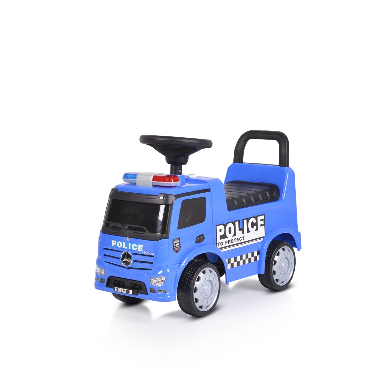 Blauer Polizei-Spielzeug-LKW. Schwarzes Lenkrad und weißer POLIZEI-Text. Weißer Hintergrund.