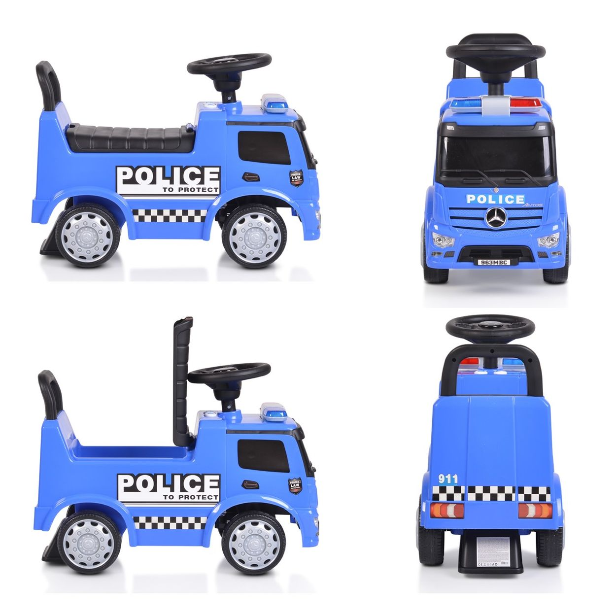 Vier Bilder eines blauen Polizeilastwagen-Spielzeugs. Verschiedene Winkel werden gezeigt, einschließlich Vorder- und Seitenansichten.