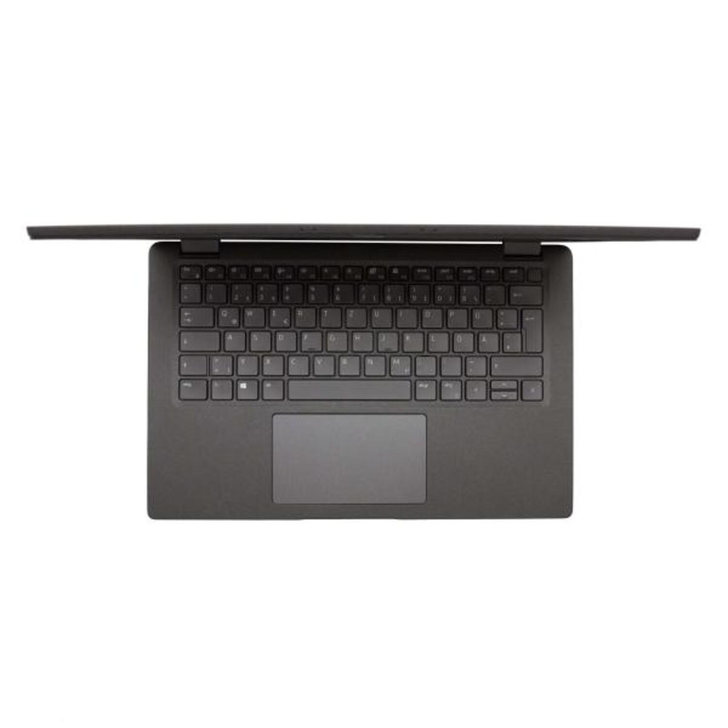 Schwarzer Laptop, Draufsicht, mit geöffnetem Bildschirm und sichtbarer Tastatur.