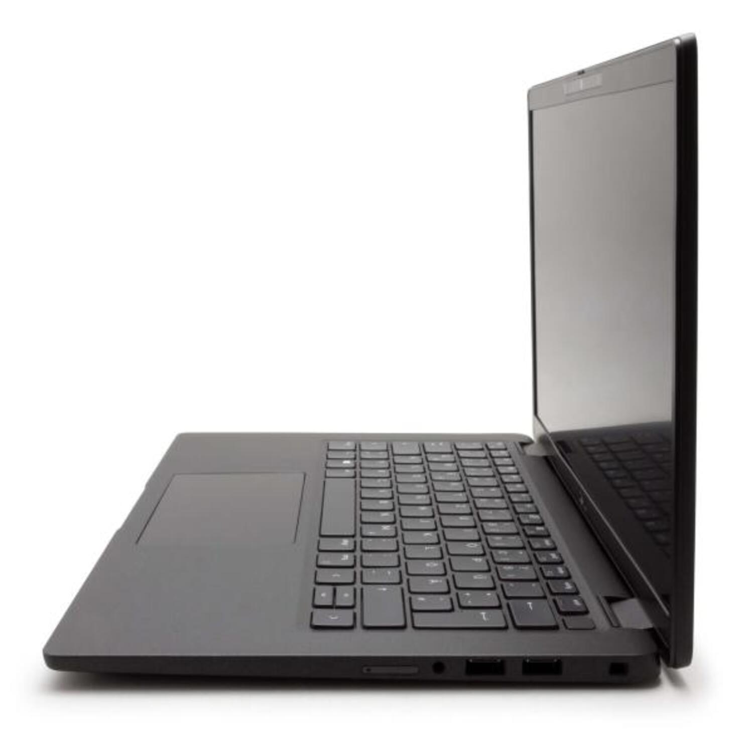 Schwarzer Laptop von der Seite. Der Bildschirm ist geschlossen, Tastatur sichtbar.