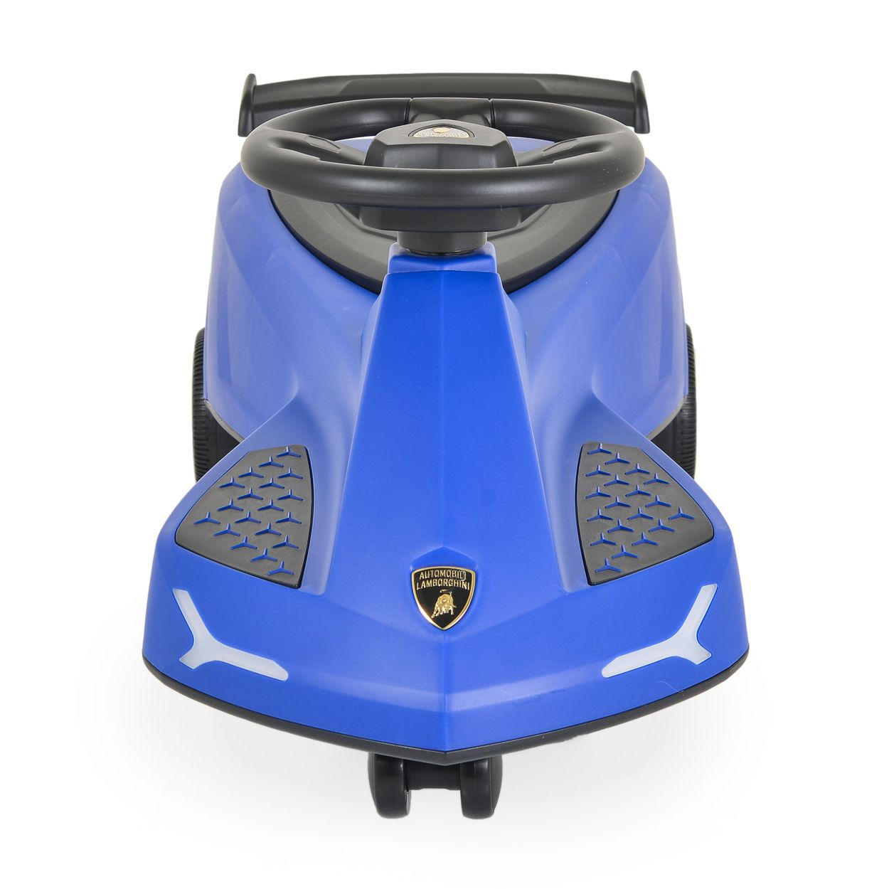 Blau-schwarzes Spielzeugauto mit Lamborghini-Logo, weißer Hintergrund, Draufsicht.