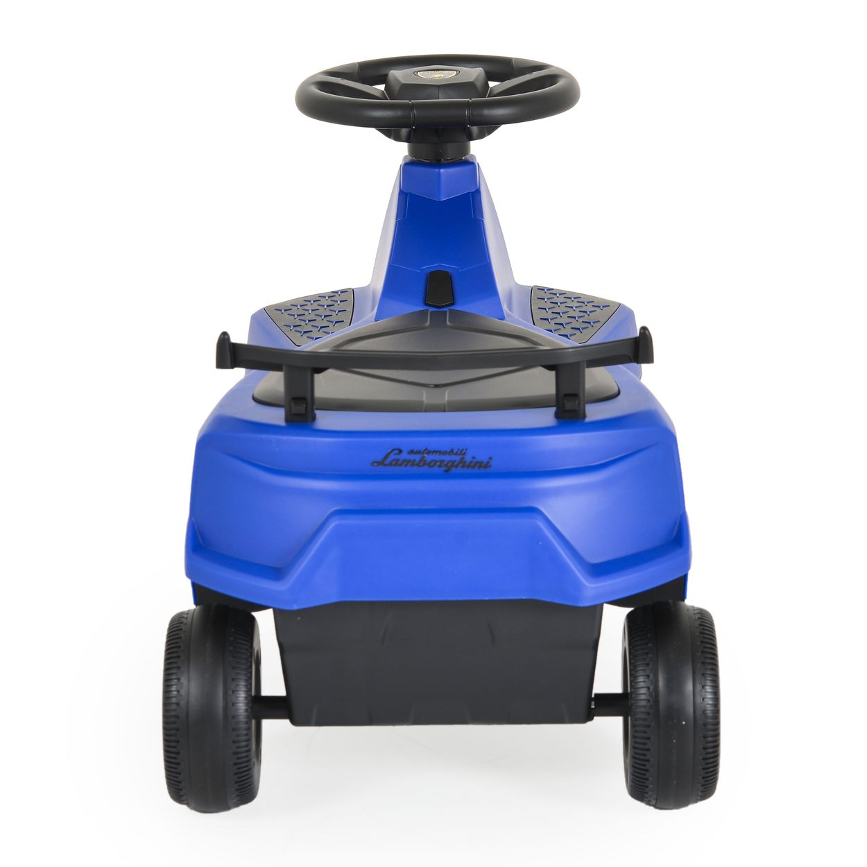 Ein blaues Spielzeugauto, einem Lamborghini nachempfunden, von vorne gesehen. Schwarze Räder und ein schwarzer Spoiler.