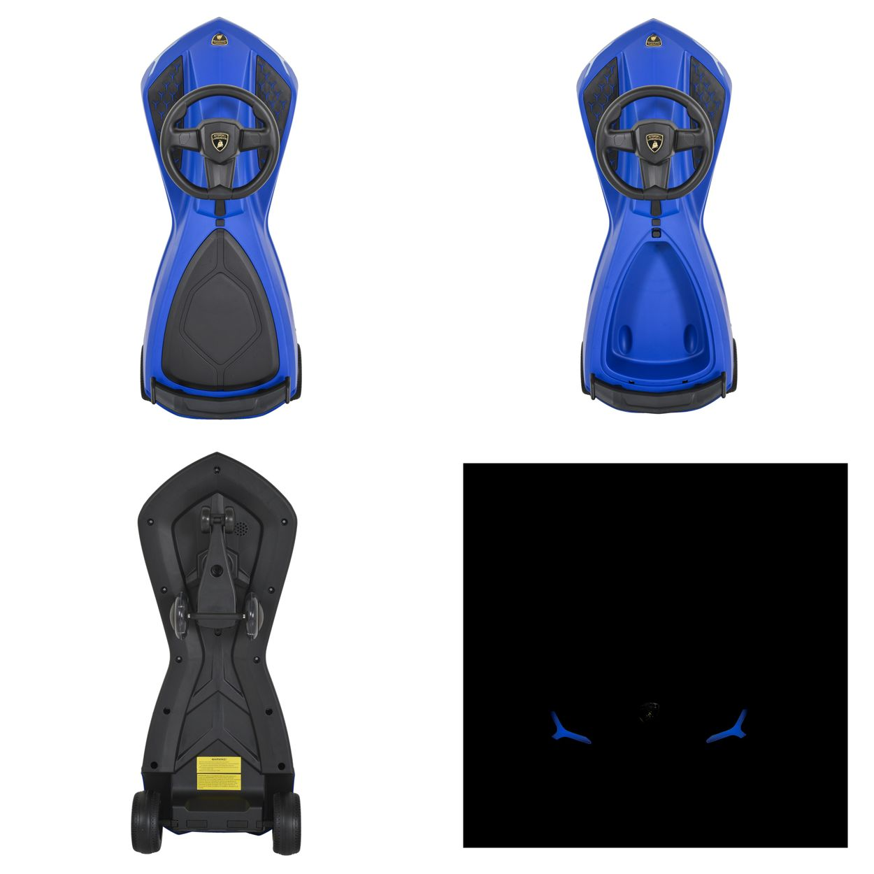 Blaues Lamborghini-Spielzeugauto. Mehrere Ansichten. Verfügt über ein Lenkrad und einen schwarzen Innenraum.