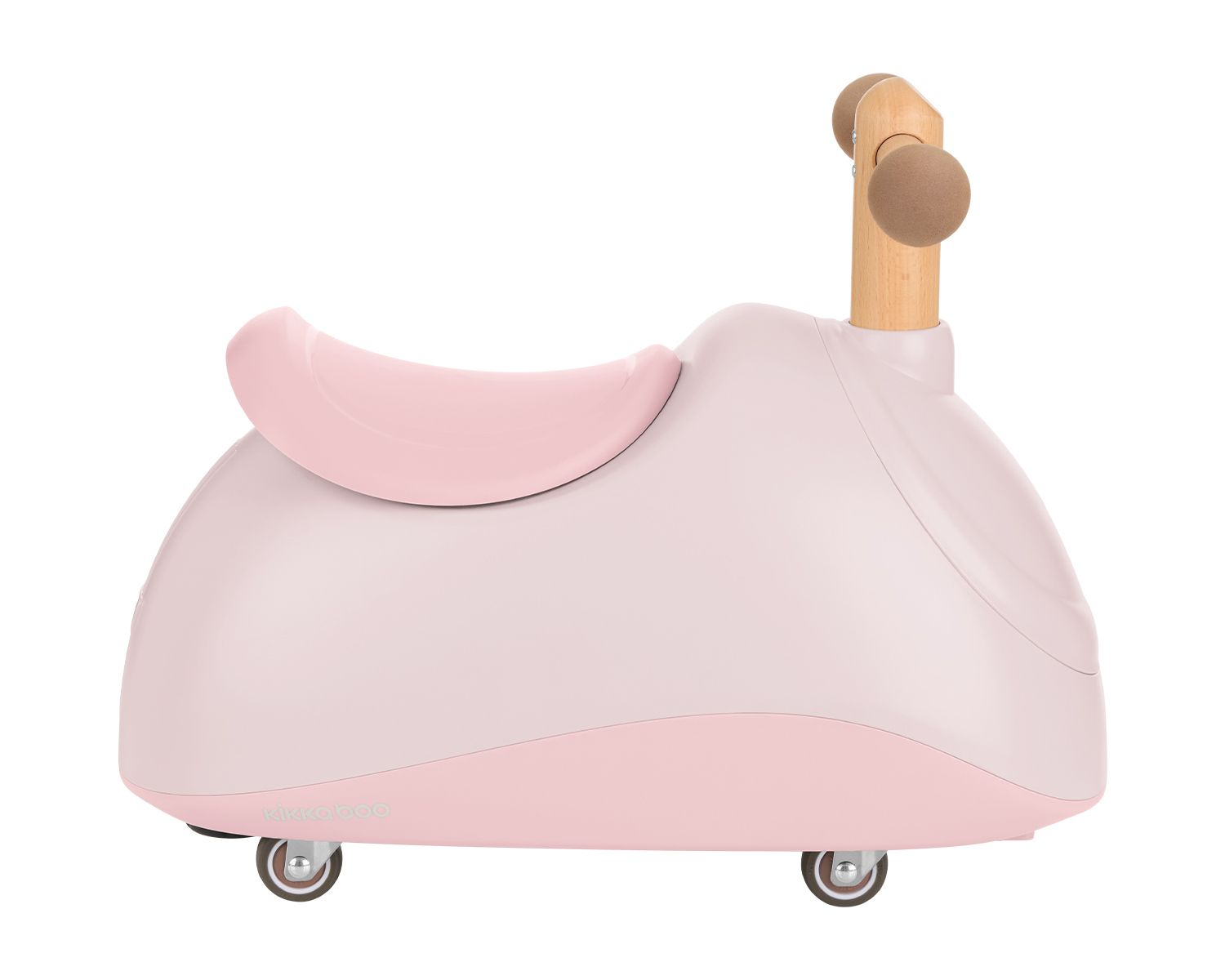 Rosa Aufsitzspielzeug. Hellrosa Körper, rosa Sitz und Holzgriff.